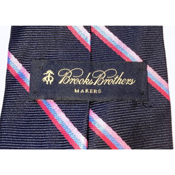 Brooks Brothers Makers Pure Silk Stripe Regimental Blue Pink Neck Tie - Picture 4 of 6